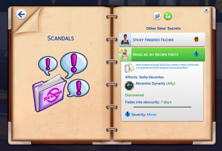 A Scandals journal page shows Sofia’s minor secret with effects, severity, and days remaining, under Other Sims’ Secrets.