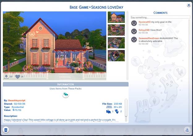 Sims 4 Valentine’s Day CC cozy cottage build