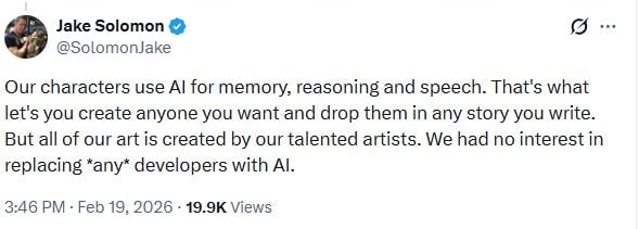 Our characters use AI for memory, reasoning and speech. That's what let's you create anyone you want and drop them in any story you write. But all of our art is created by our talented artists. We had no interest in replacing *any* developers with AI.

Midsummer Studios, Life-Sim Game.