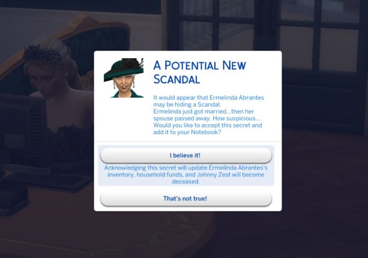 A pop-up titled A Potential New Scandal shows Ermelinda’s secret and asks whether to accept and add it to the Notebook.