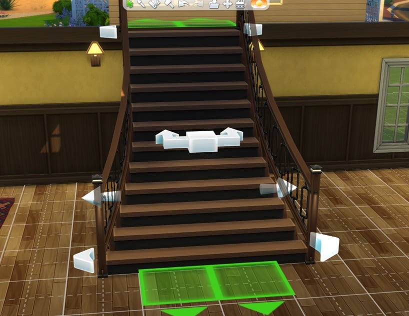 A staircase in Build Mode with placement arrows and grid lines visible, showing adjustable stairs inside a Sims home.