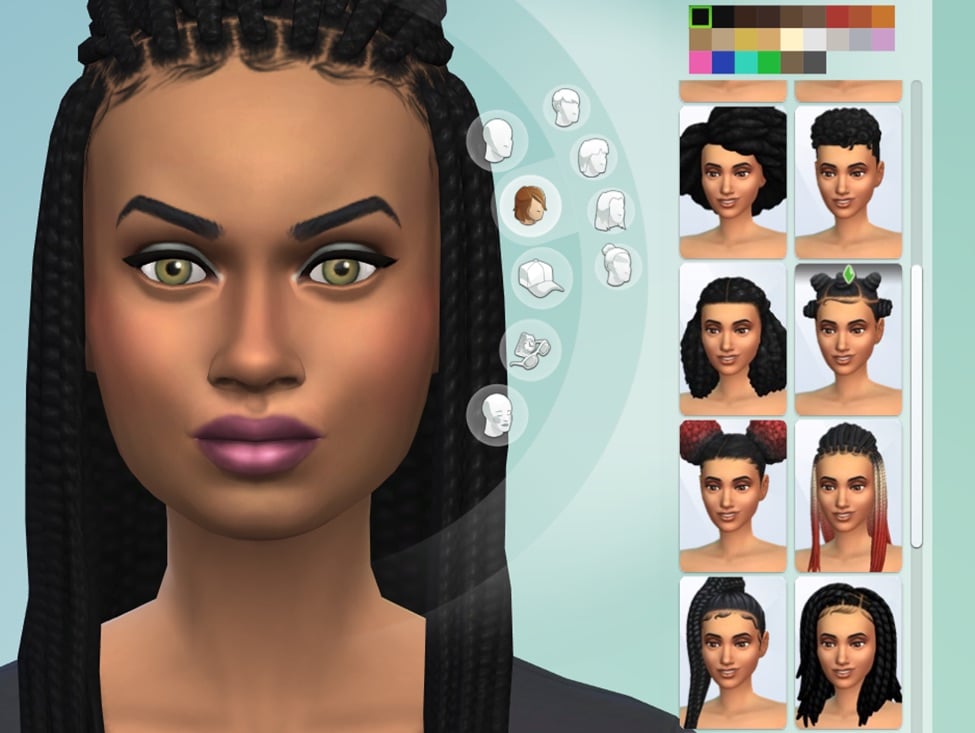 A Sim in Create a Sim with braided hairstyle selected, showing multiple textured hairstyle options in the customization panel.