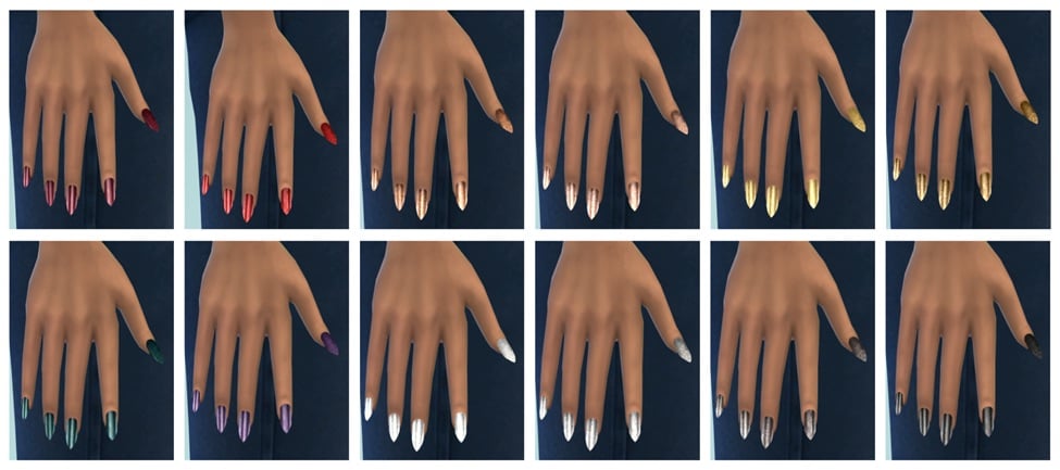 A grid of Sim hands displaying long pointed nails in multiple metallic and glitter color variations.