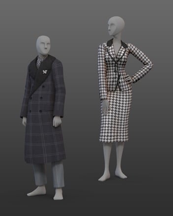 Two Sims wearing vintage-style outfits alongside decorative Build and Buy items, including a tea set, dessert stand, and ornate double doors.