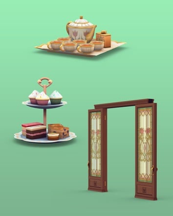 Two Sims wearing vintage-style outfits alongside decorative Build and Buy items, including a tea set, dessert stand, and ornate double doors.