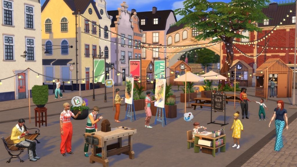 In-game screenshot of a open area with Sims performing various activities and interacting with each other.