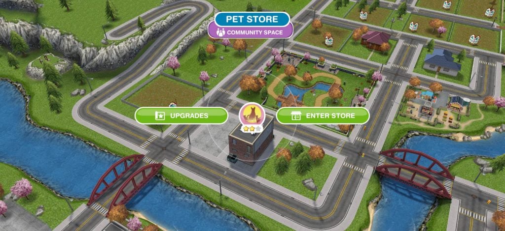 The Sims FreePlay Gets a Major Livin' Large Expansion Update 22 The Town Map shows the Pet Store selected, with “Upgrades” and “Enter Store” buttons visible, and the store marked with a star rating to indicate upgrade progress.