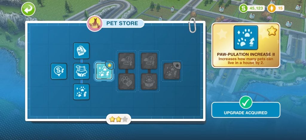The Sims FreePlay Gets a Major Livin' Large Expansion Update 23 The Pet Store upgrade menu displays a progression tree, highlighting a “Paw-pulation Increase II” upgrade that increases how many pets can live in a home.
