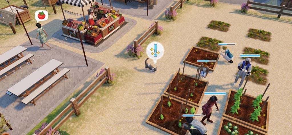 The Sims FreePlay Gets a Major Livin' Large Expansion Update 24 Catty Cakes the cat wanders through the Community Market garden beds while Sims harvest crops, with a glowing notification icon indicating bonus activity.