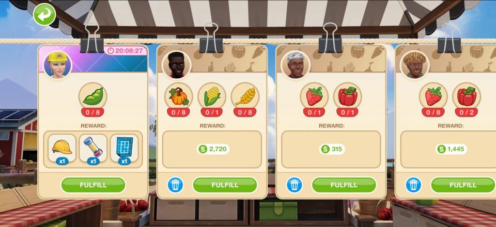 The Sims FreePlay Gets a Major Livin' Large Expansion Update 25 The Community Market request screen shows multiple customer orders, including a Landgraab Exec with item requirements and reward values, alongside a countdown timer and “Fulfill” buttons.