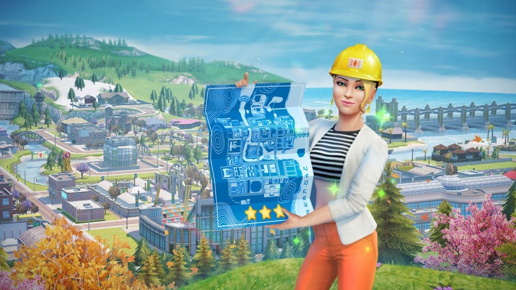 The Sims FreePlay Gets a Major Livin' Large Expansion Update 21 Nancy Landgraab wearing a construction helmet holds a glowing blueprint in front of an expanded SimTown view with buildings, roads, and bridges visible in the background.