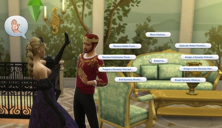 A royal Sim in red reacts as a noblewoman in a purple gown gestures, with dynasty interaction options visible in a lavish palace room.