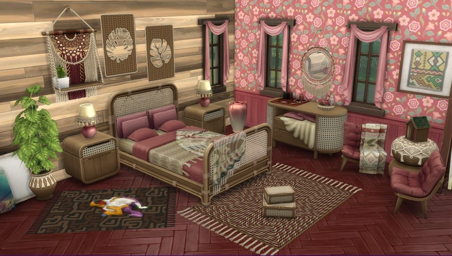 The Sims 4 Artsy Boho Bedroom review image showcasing rattan furniture, pink floral walls, macrame decor, and cozy woven textures by Taurus