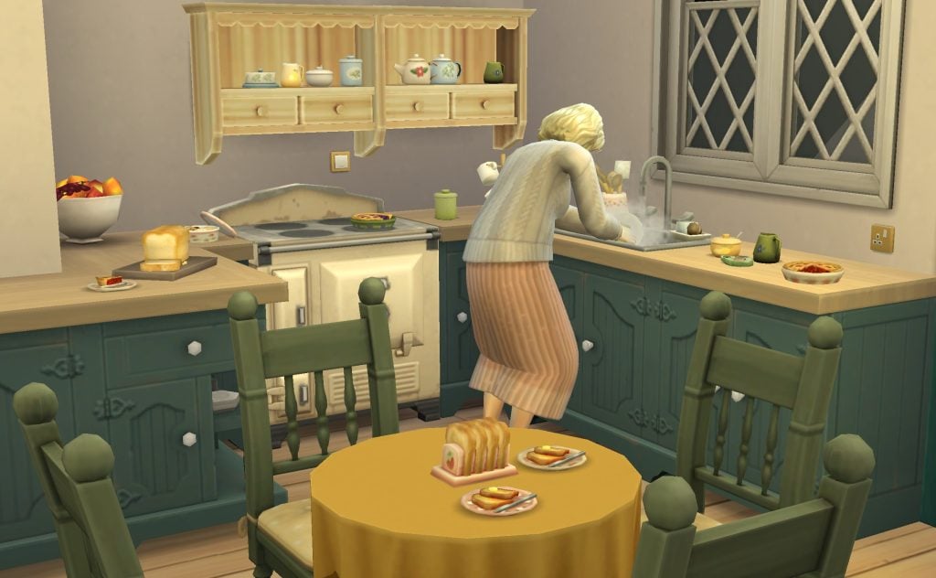 sim cleaning dishes in a kitchen with marketplace clutter items