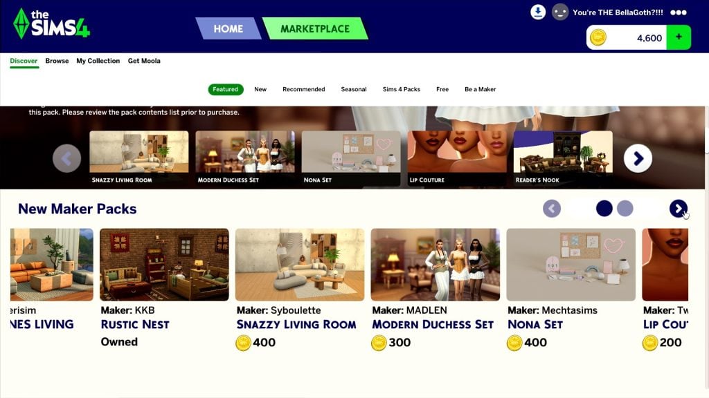 Marketplace page showing New Maker Packs, including Rustic Nest, Snazzy Living Room, Modern Duchess Set, and Nona Set with Moola prices.