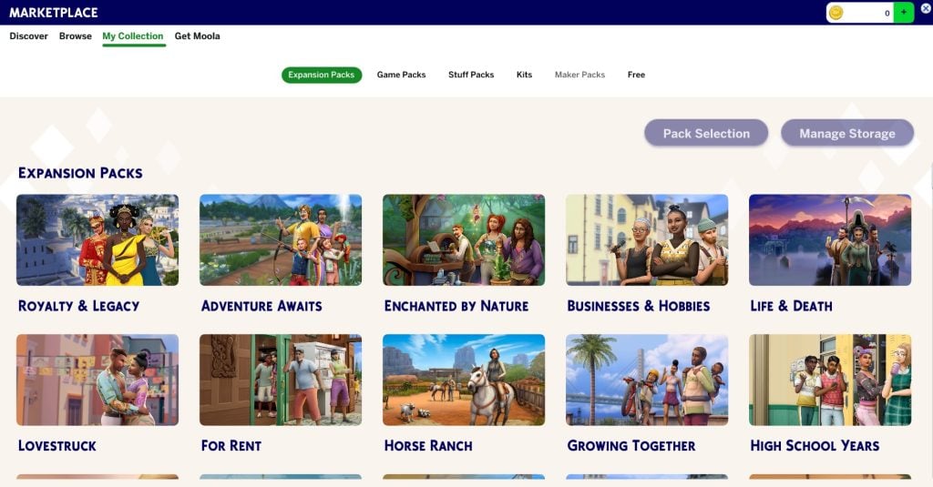 Sims 4 Patch Features Marketplace My Collection expansion packs screen