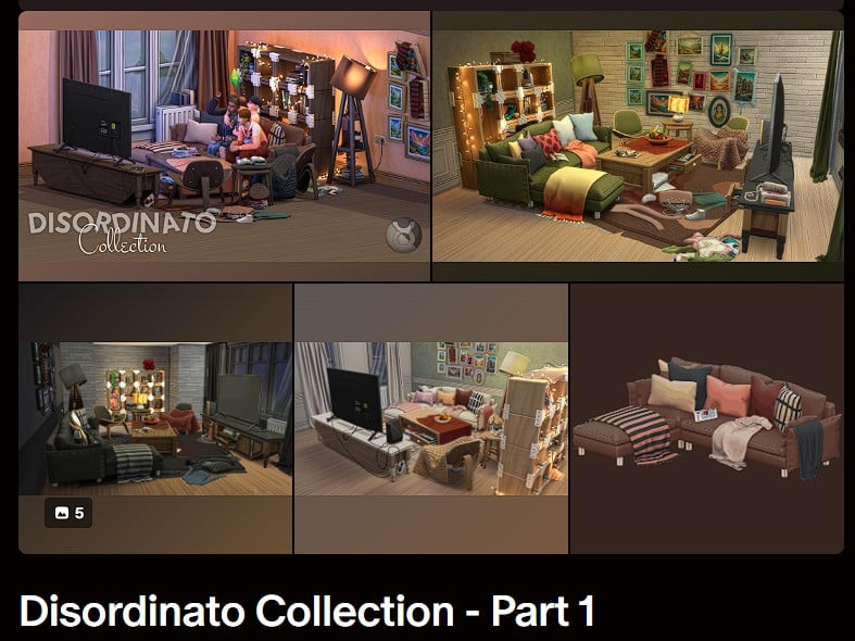 The Sims 4 Taurus Disordinato Collection custom content featuring cluttered cozy living room decor with blankets, books, and lived-in details