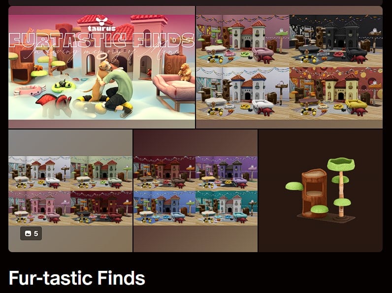 The Sims 4 Taurus Fur-tastic Finds custom content collection showcasing colorful pet furniture, cat trees, and playful animal-themed decor