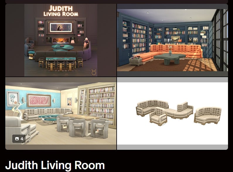 The Sims 4 Taurus Judith Living Room custom content set featuring cozy sectional seating, built-in bookshelves, and warm modern decor
