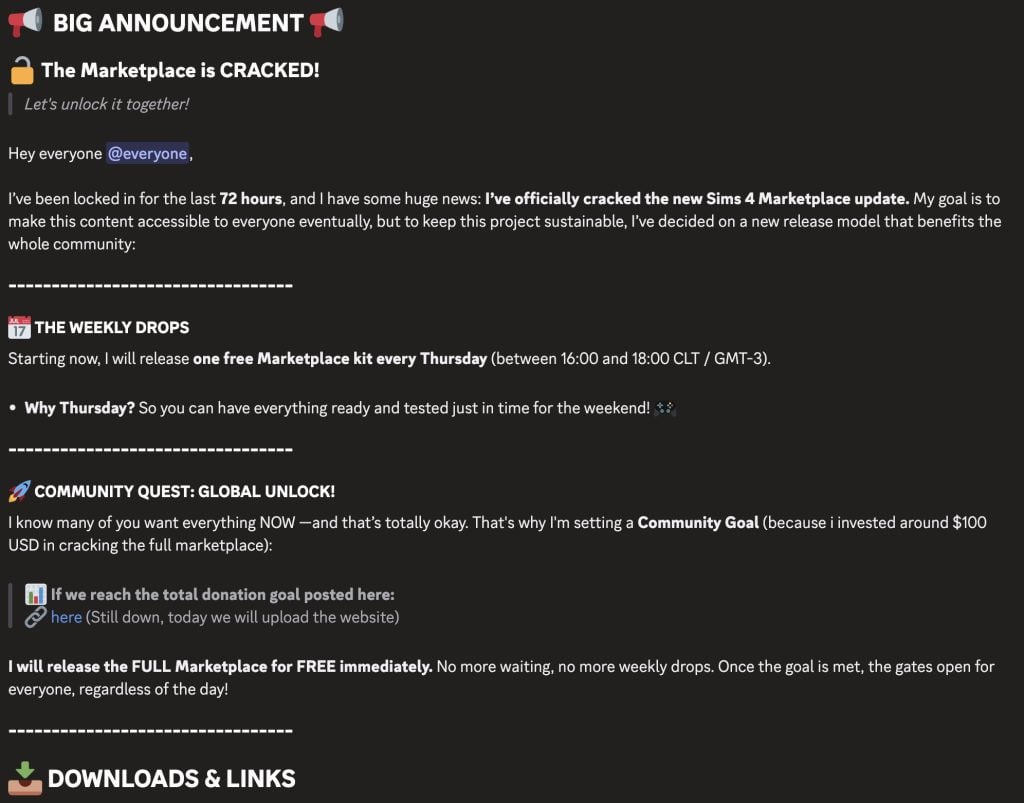 The Sims 4 Marketplace Crack Announcement