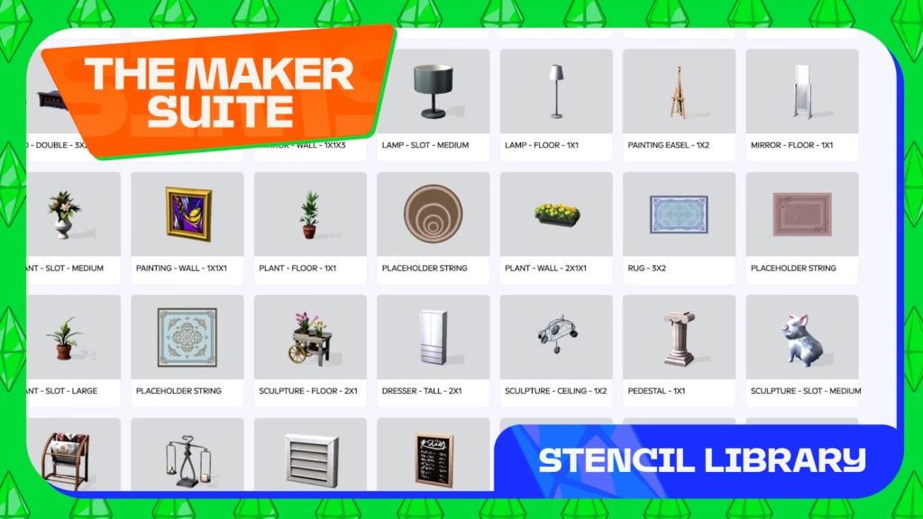 Stencil Library interface showing “The Maker Suite” with a grid of object thumbnails including lamps, plants, rugs, sculptures, and decor items.