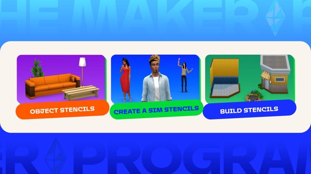 Interface graphic showing three categories: Object Stencils, Create a Sim Stencils, and Build Stencils, each with example items and Sims.