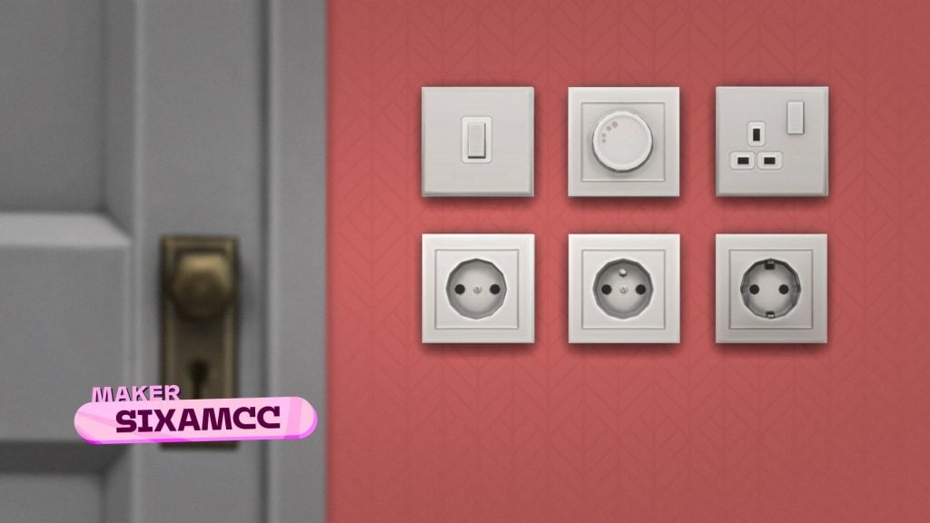 An in-game screenshot of a variety of wall plugs on a bright pink wall with the text that reads Maker Sixamcc