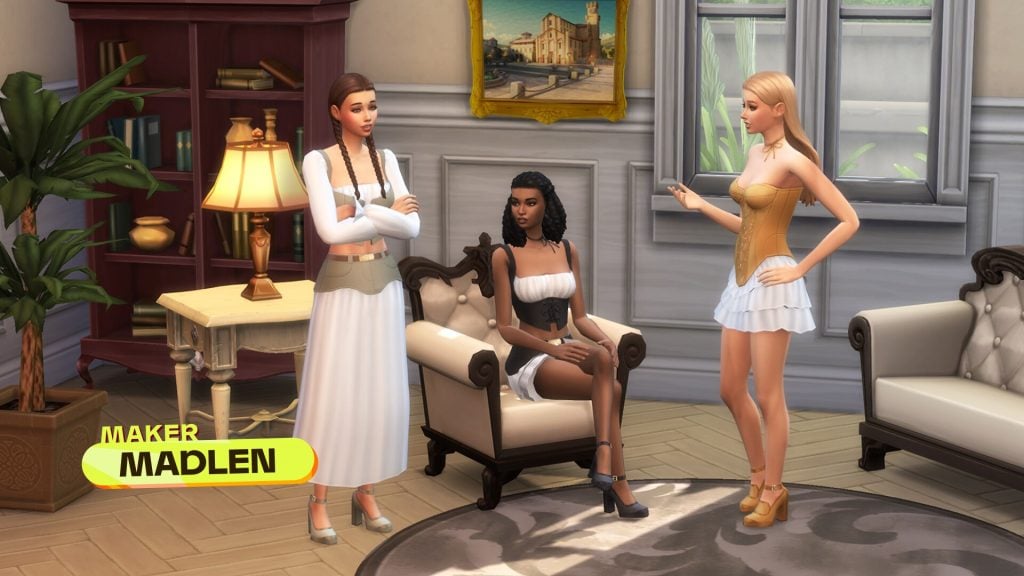 3 Sims in trendy outfits converse in a modern style living space with text that reads Creator Madlen