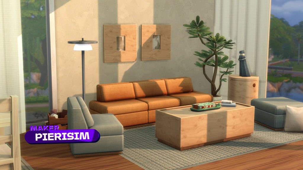 An in-game screenshot of a contemporary stylish living room in the Sims 4.