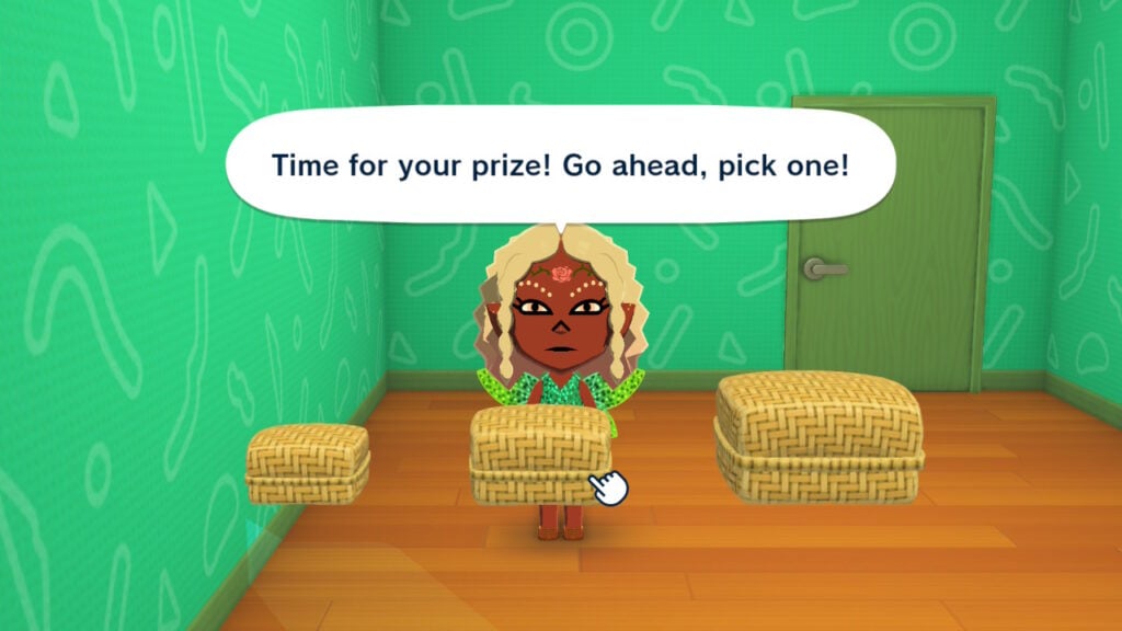 A Mii stands in front of three different shaped boxes, which are rewards from a Tomodachi Life minigame