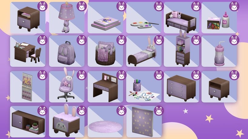 SimsPancake Sims 4 CC Sets Bunny Hop Kids Room full catalog preview showing bunny themed kids furniture decor and clutter items