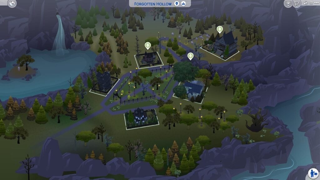 The Sims 4 Occult Collab Save File map of Forgotten Hollow featuring redesigned vampire homes and dark forest surroundings