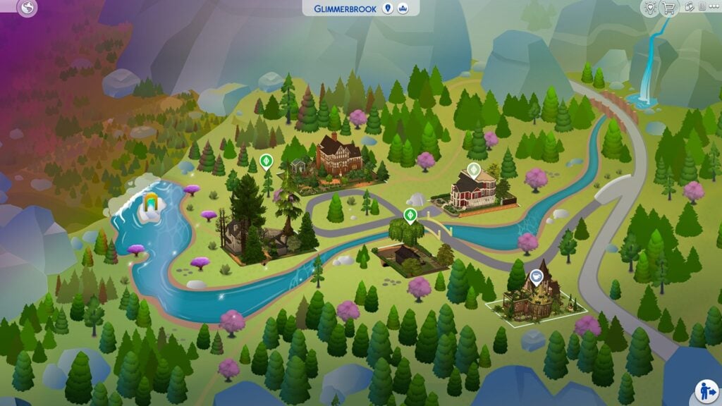 The Sims 4 Occult Collab Save File map of Glimmerbrook with spellcaster homes, magical forest setting, and enchanted lots