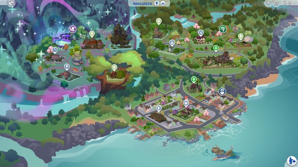 The Sims 4 Occult Collab Save File map of Innisgreen featuring fairy-inspired builds, lush greenery, and magical neighborhoods
