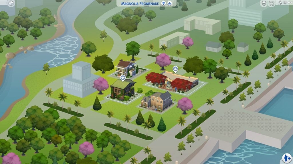 The Sims 4 Occult Collab Save File map of Magnolia Promenade featuring rebuilt community lots and occult-themed locations