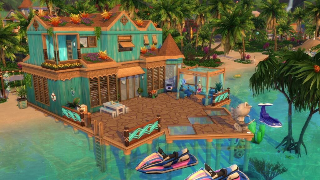 The Sims 4 Occult Collab Save File mermaid home in Sulani with tropical stilt house, ocean views, and vibrant island surroundings