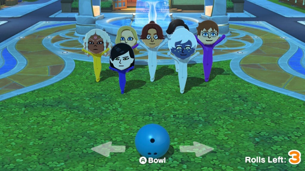 Miis stand in a bowling pin formation in the bowling Tomodachi Life minigame
