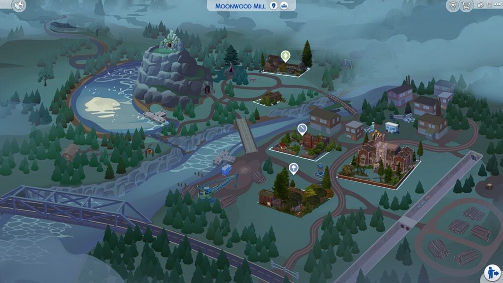 The Sims 4 Occult Collab Save File map of Moonwood Mill with werewolf builds, industrial structures, and forested terrain