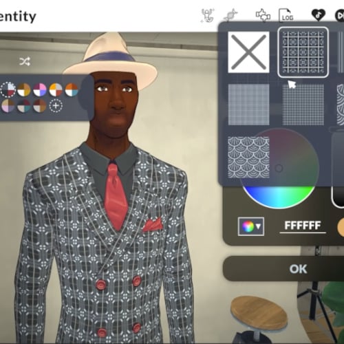 Clothing customization with color wheel and layers, and free placement for tattoos and piercings