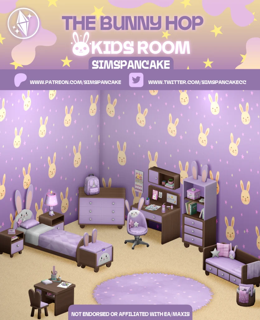 SimsPancake Sims 4 CC Sets Bunny Hop Kids Room featuring pastel bunny themed furniture and cozy kids bedroom decor