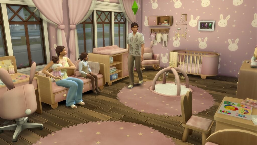 SimsPancake Bunny Hop Kids Room Sims 4 CC in game screenshot with cozy kids bedroom and bunny themed furniture