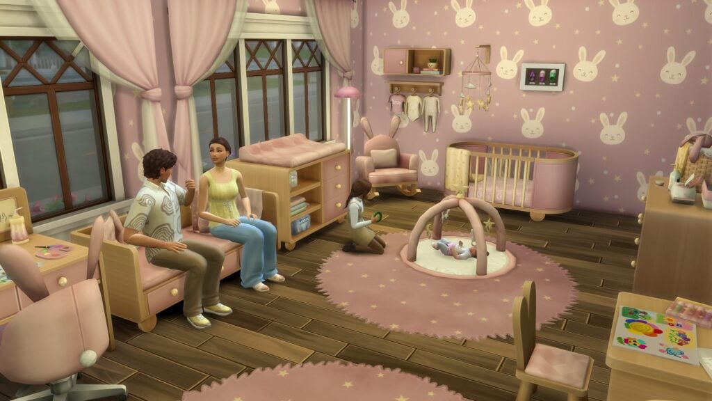 SimsPancake Bunny Hop Kids Room Sims 4 CC in game screenshot with cozy kids bedroom and bunny themed furniture