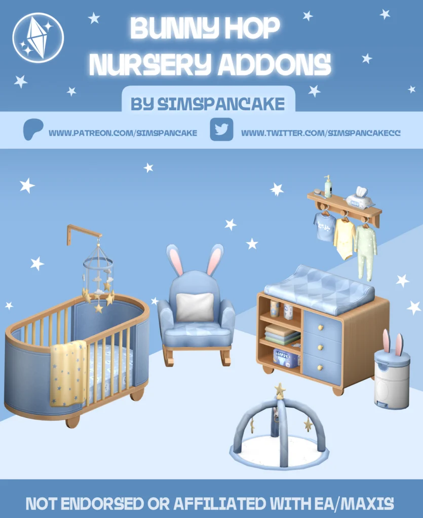 SimsPancake Sims 4 CC Sets Bunny Hop Nursery Addons with crib changing table rocking chair and baby decor