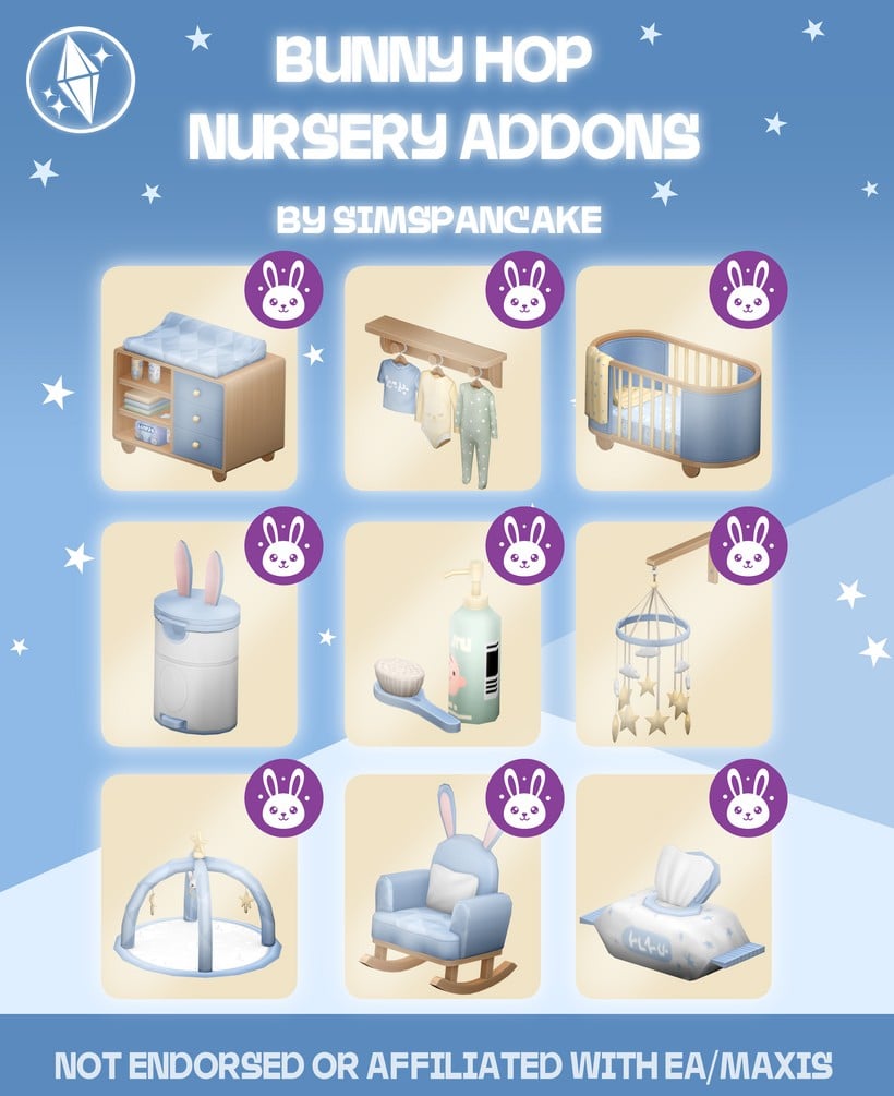 SimsPancake Sims 4 CC Sets Bunny Hop Nursery Addons preview showing crib changing table rocking chair and baby decor items