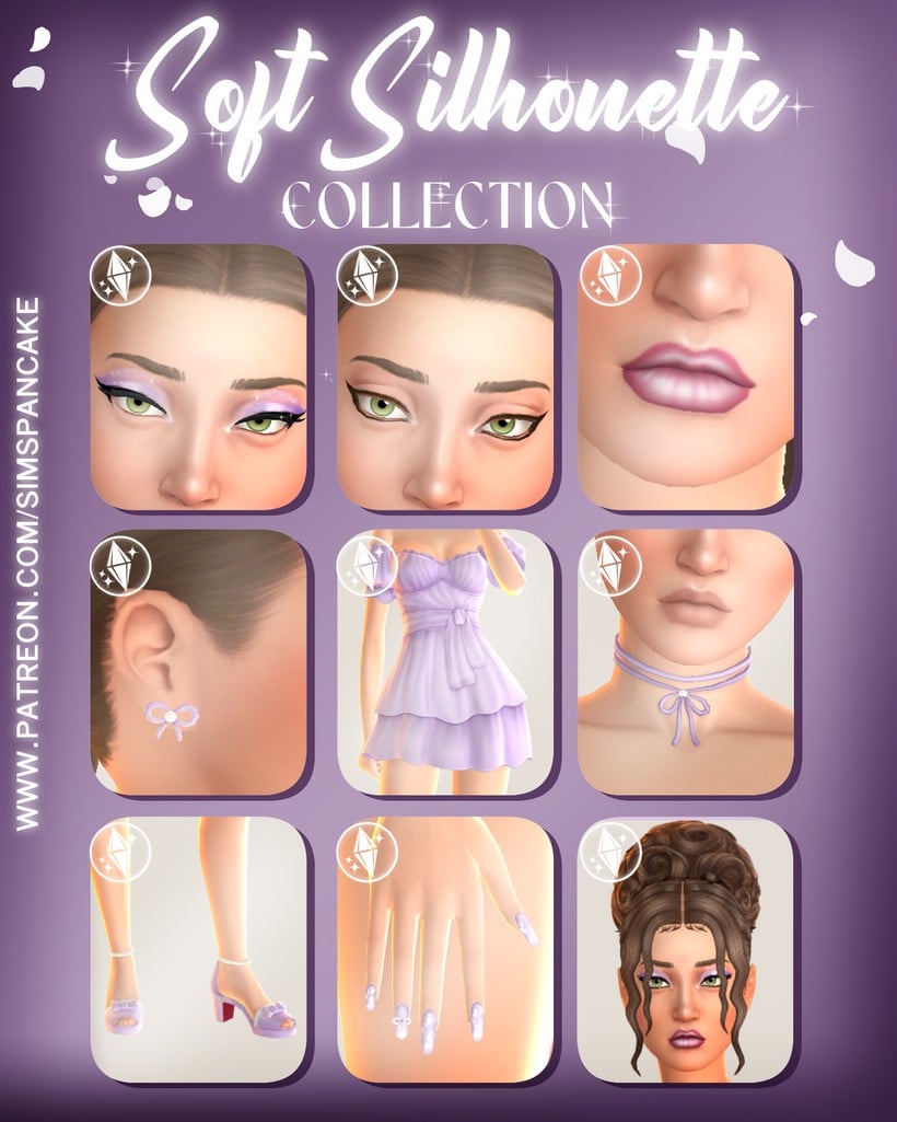 SimsPancake Sims 4 CC Sets Soft Silhouette Collection featuring dress makeup accessories nails and hairstyle preview