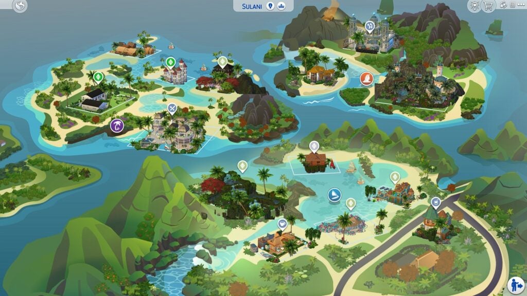 The Sims 4 Occult Collab Save File map of Sulani showcasing island homes, mermaid lots, and tropical coastal scenery