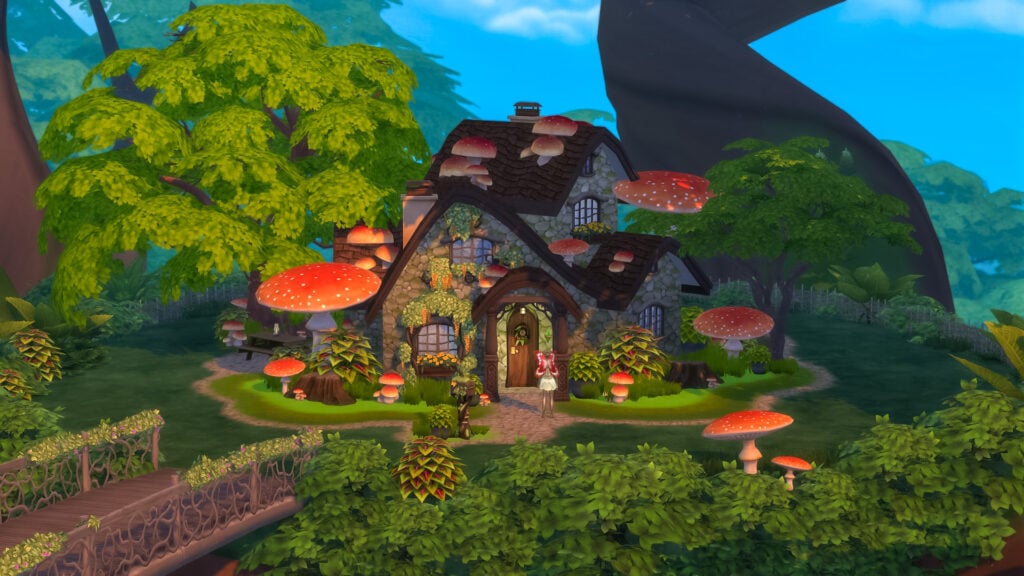 The Sims 4 Occult Collab Save File fairy cottage in Innisgreen featuring whimsical mushrooms, lush greenery, and magical forest details