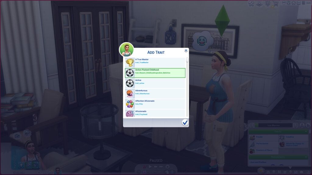 Sims 4 UI Cheats Extension selecting Action-Packed Childhood formative moment in add trait menu
