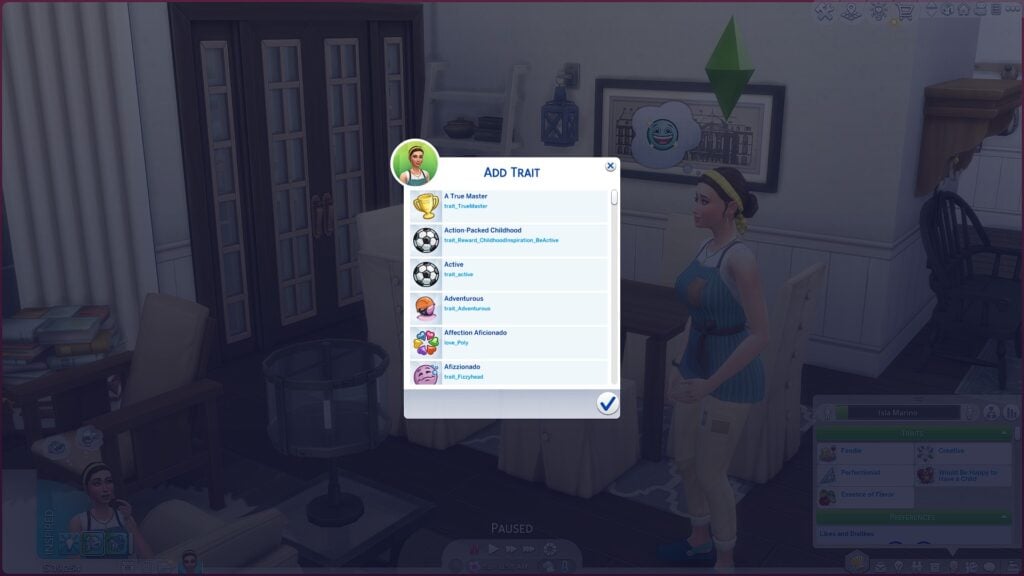 Sims 4 UI Cheats Extension add trait menu showing available traits including Formative Moments
