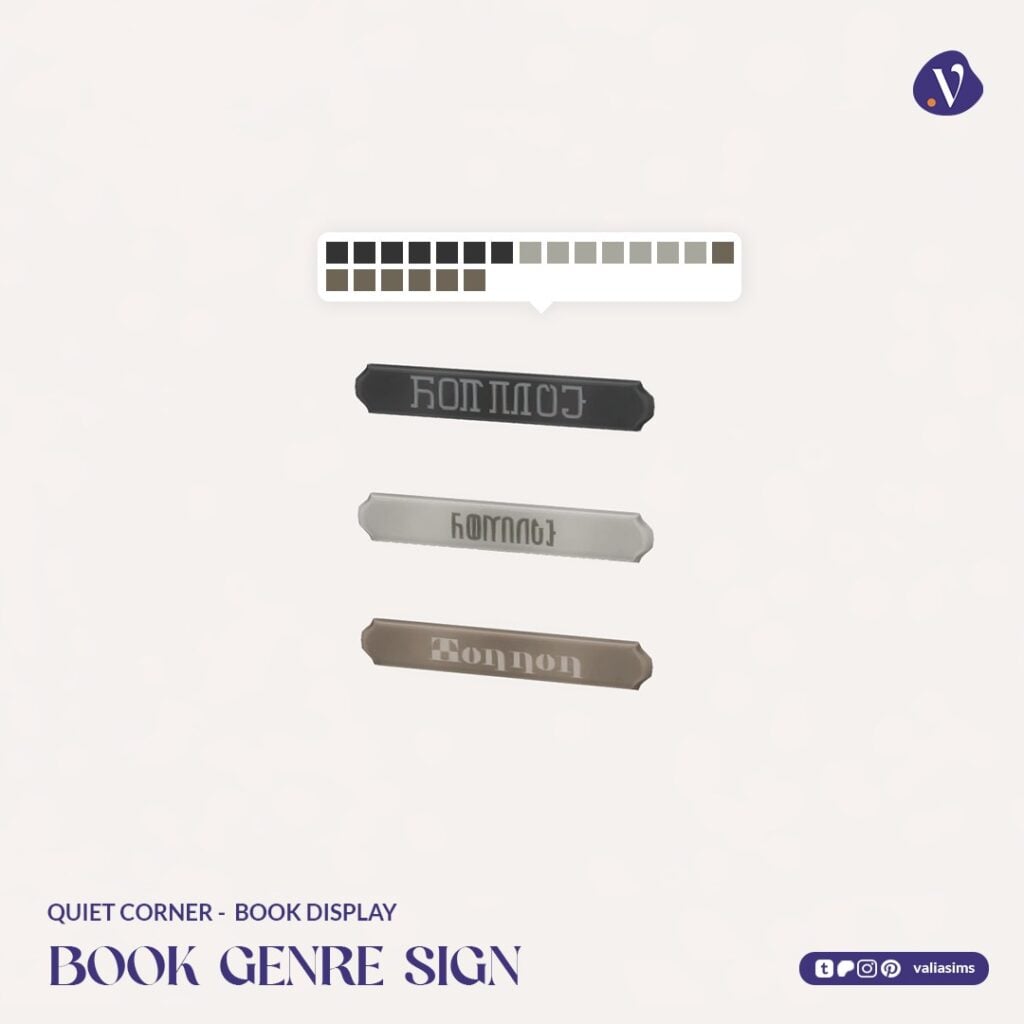 The Sims 4 Quiet Corner CC Review: A Cozy Bookshop Collection You'll Need 53 VALIA Quiet Corner Book Display Book Genre Sign 1